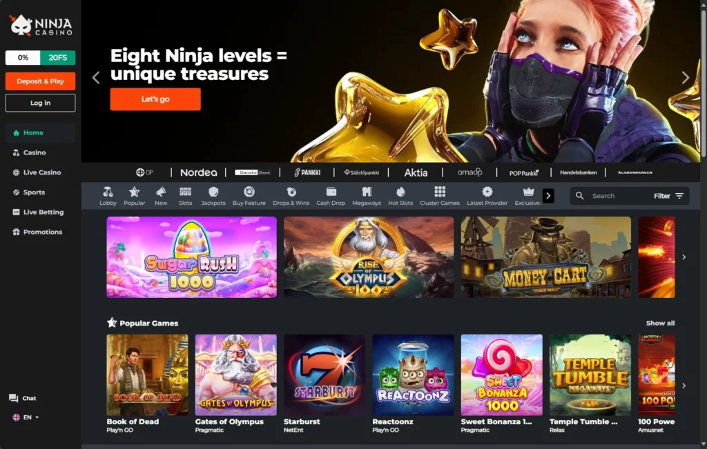 Ninja Casino login fönster med BankID alternativ